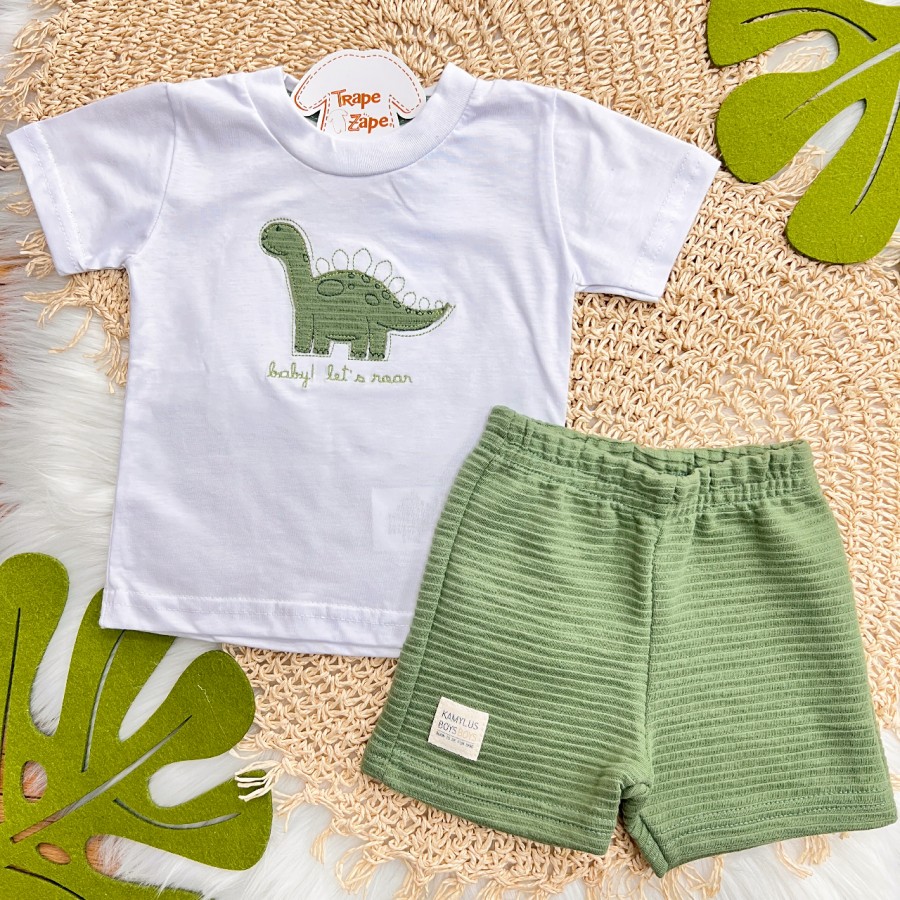 Conj. Camiseta baby! Let's Roar e Bermuda - Branco e Verde